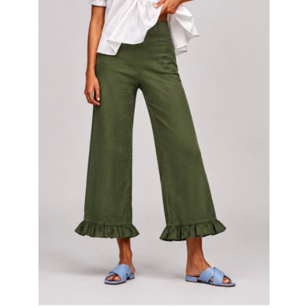 Maeve Colette Ruffle Hem Pants Sz 28 Dark Green Linen Blend Wide Leg Crop Gaucho